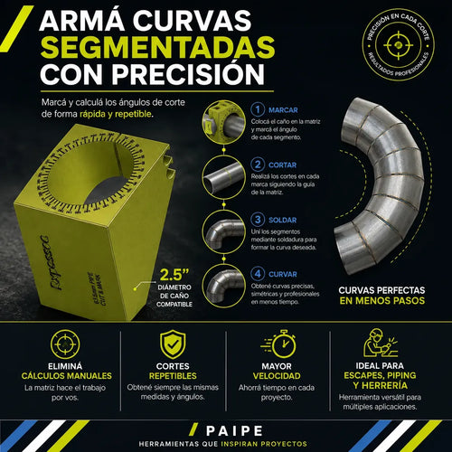 Plantilla para curvas segmentadas — caño 2.5" (guía 360°)