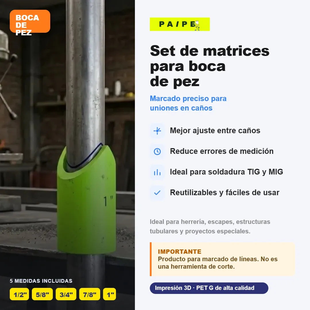 Plantillas Boca de Pez para caño 1/2" a 1" — Set x5 (pulgada real)