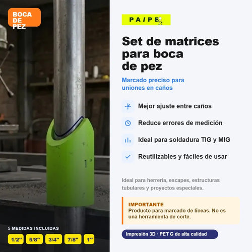 Plantillas Boca de Pez para caño 1/2" a 1" — Set x5 (pulgada real)