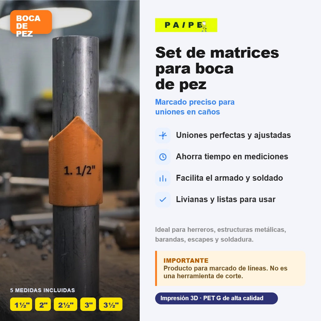 Plantillas Boca de Pez y 90° para caño 1½" a 3½" — Set x5